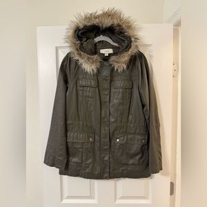 Wax coated green jacket with removable fur hood